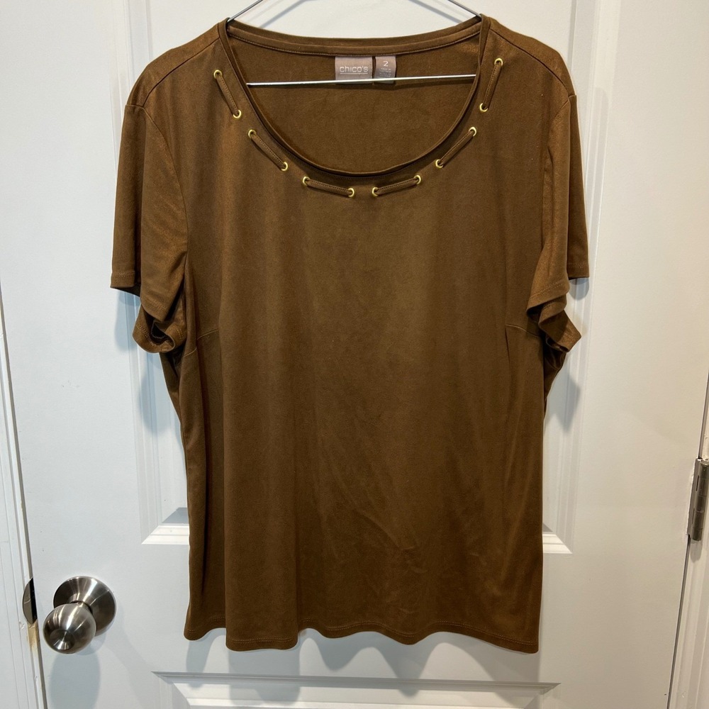 Chico's Womens Short Sleeve Top Faux Suede Grommet Neck Brown Size 2